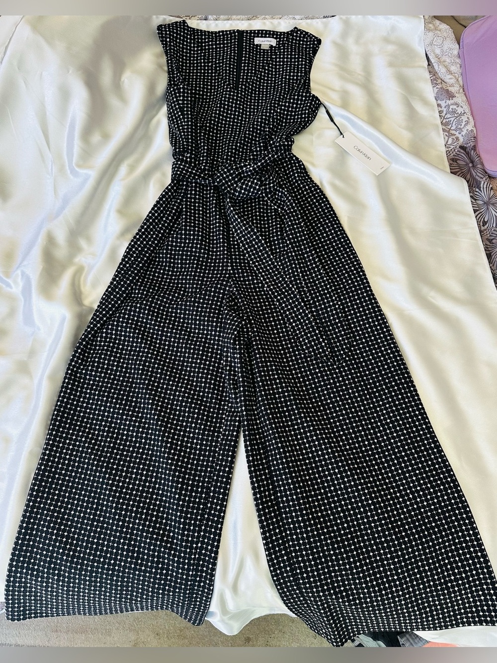 Calvin Klein Wide Leg Belted Geometric Print Jumpsuit